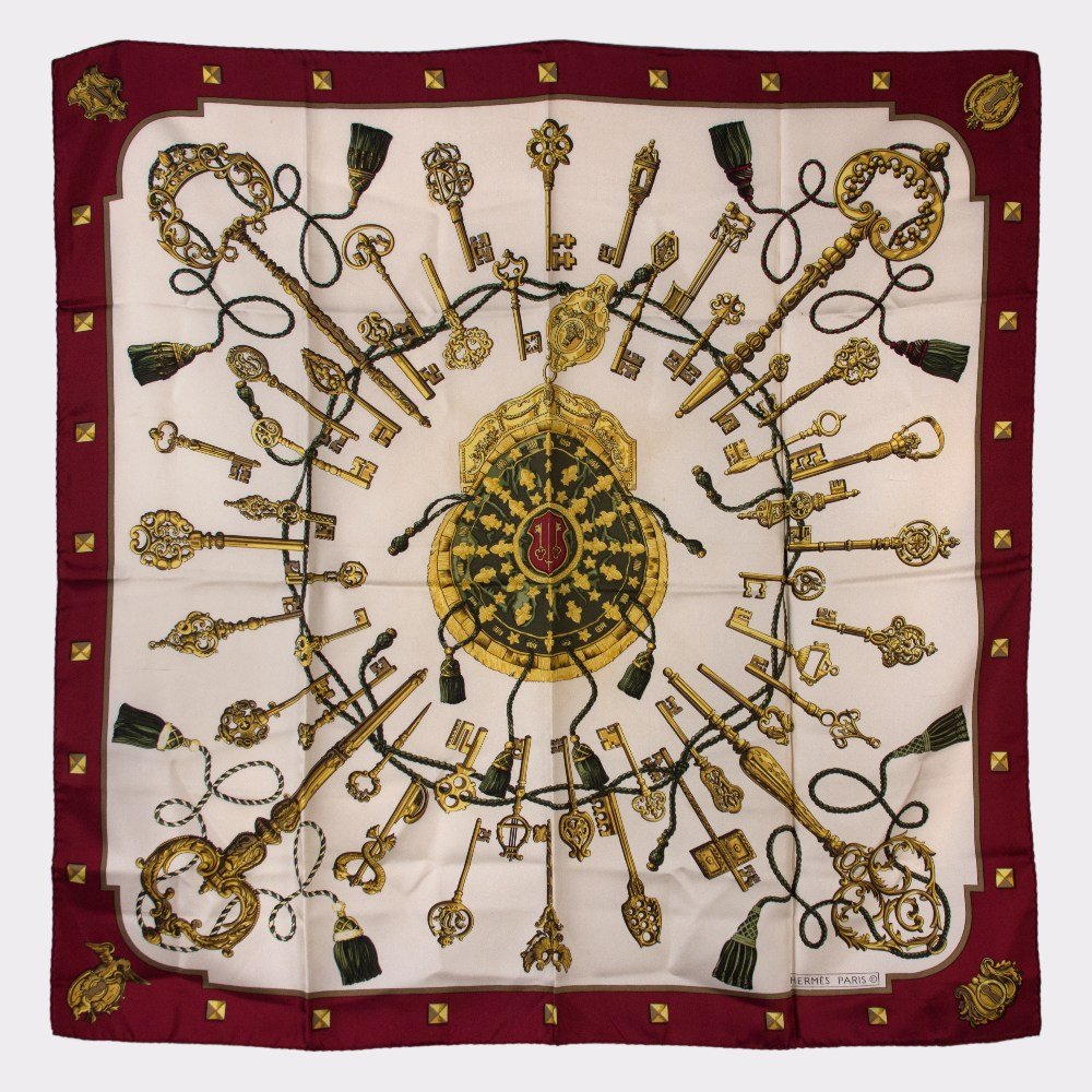 Hermès: Silk Scarf 90 x 90 cm "Les Clefs" in Burgundy and White