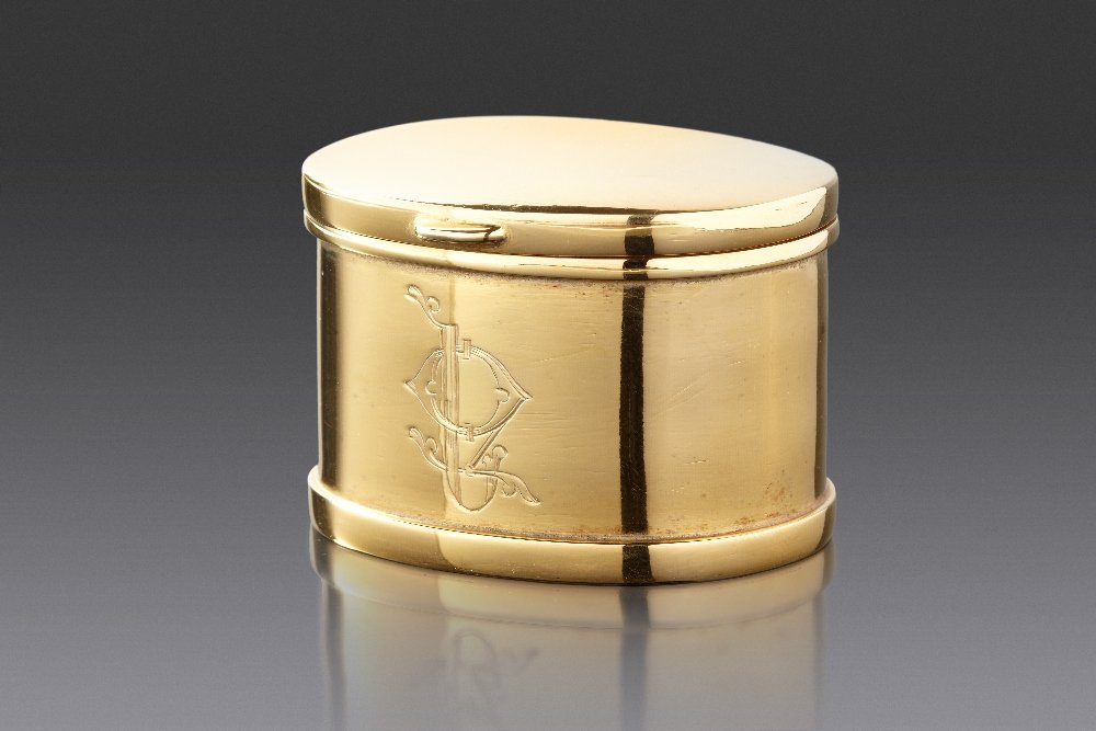 After Peter Carl FABERGE (1846-1920): After Peter Carl FABERGE (1846-1920) Oval silver-gilt box signed and stamped 19th Century 2 in. x 1.6 in. x 1.4 in. - 5 cm x 4 cm x 3,5 cm