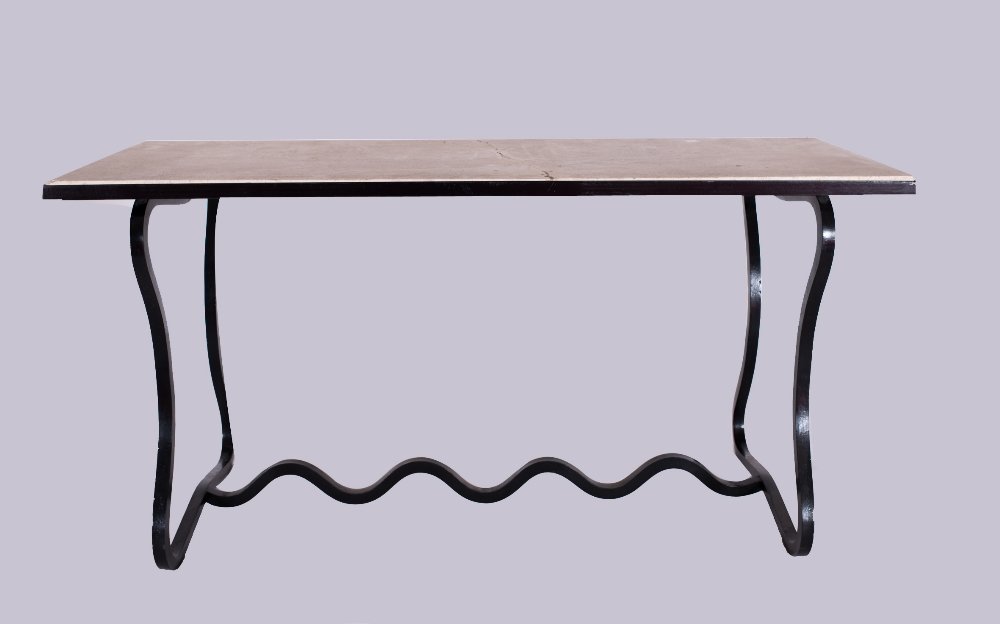 Console Table, dit Trefle: Jean ROYERE (French, 1902-1981) Console Table, dit Trefle Edition 2002, Unique model Black Lacquered Metal with Travertine Marble top 59 x 23.5 x 29.75 in. - 150 x 60 x 75.5 cm.