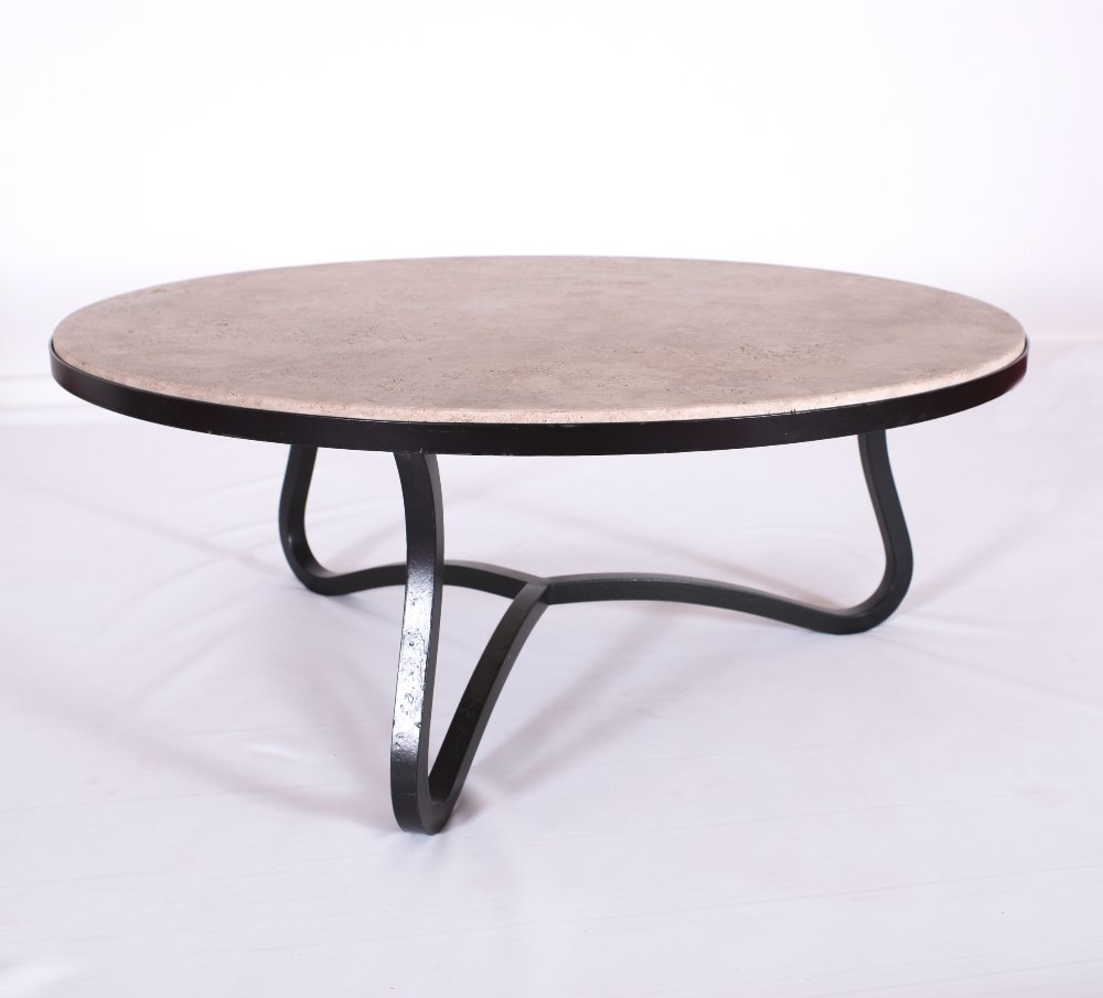 Low Coffee Table, Edition 2002: Jean ROYERE (French, 1902-1981) Low Coffee Table, Edition 2002 Lacquered metal base with base with a travertine marble top 39.25 x 39.25 x 15.5 in. - 100 x 100 x 39.5 cm.