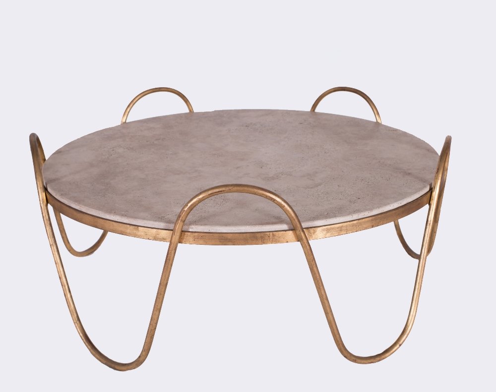 Ondulation, model ca. 1946: Jean ROYERE (French, 1902-1981) Ondulation, model ca. 1946 Low Coffee Table, Edition 1999 Gold painted metal base with a travertine marble top 39.75 x 39.75 x 18 in. - 101 x 101 x 46 cm.