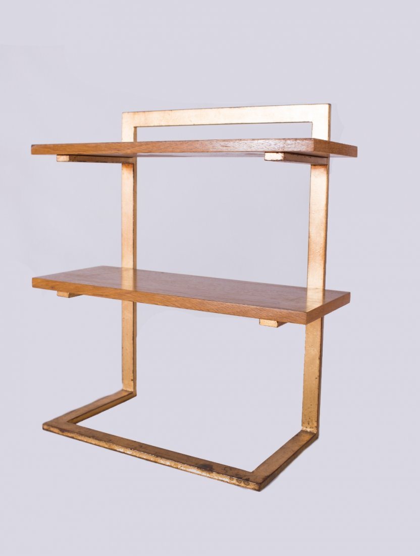 Pair of End Tables: Jean ROYERE (French, 1902-1981) Pair of End Tables Constructed of gold painted metal 21.75 x 10 x 24 in. - 55 x 25.5 x 61 cm.