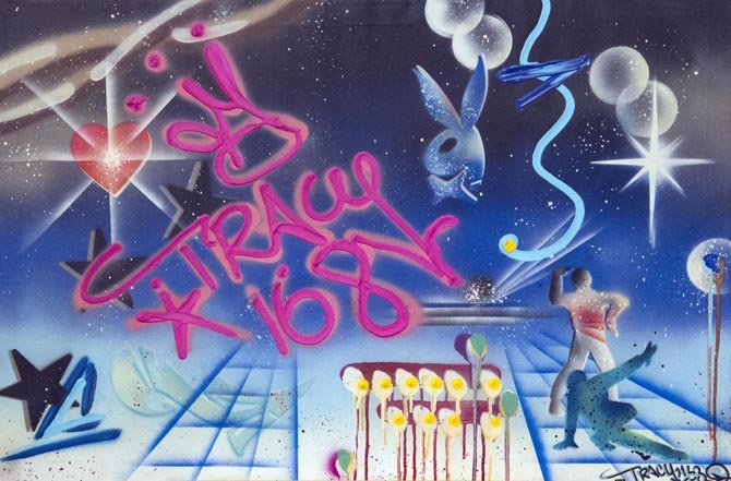 Michael TRACY (born in 1958): Michael TRACY (born in 1958) Tracy on Starfield, 1984 Mixed media on canvas, signed “Tracy 168” lower right, inscription on the reverse 24 x 36 in. - 60 x 91 cm.