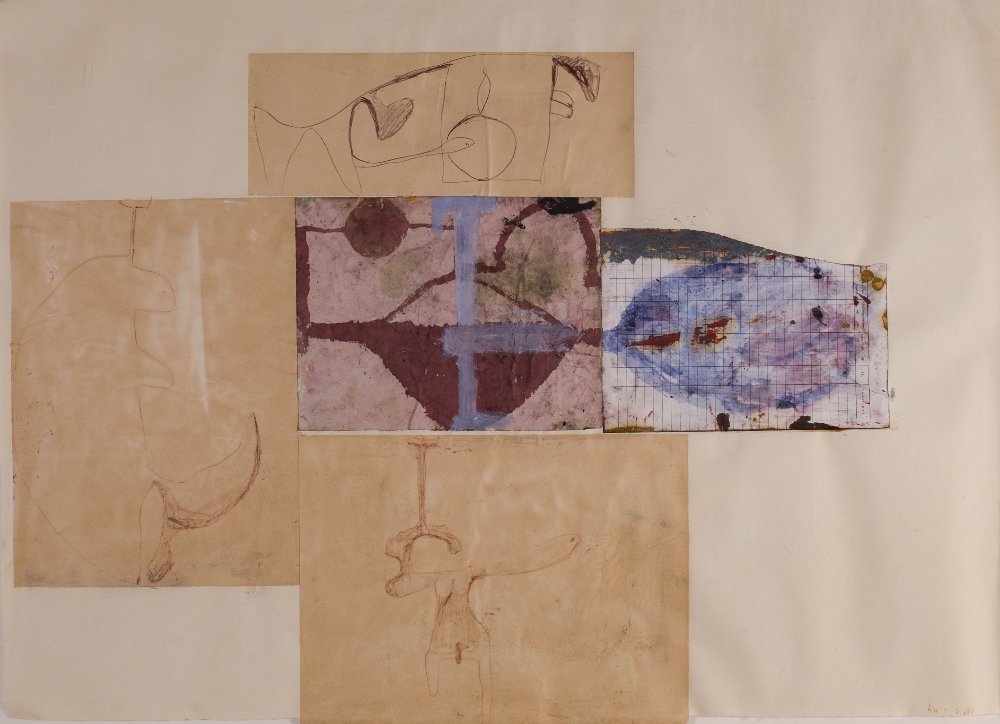 Composition, 5-2-90: Anton HENNING (German, born 1964) Composition, 5-2-90Collage and mixed mediaMonogrammed and dated lower right 30.75 x 41 in. - 30.75 x 104.14 cm.