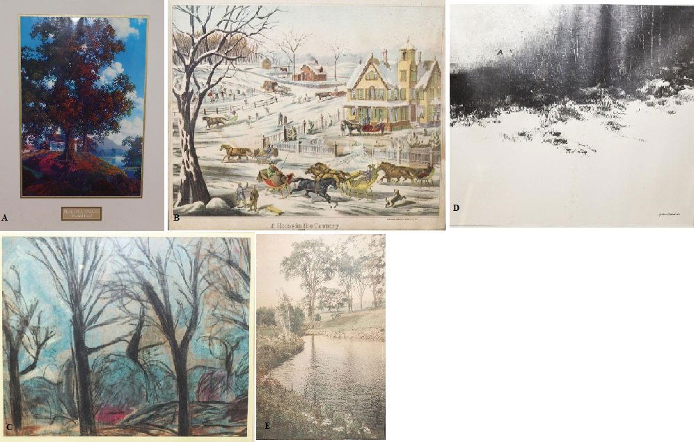 Various (Trees): A. Maxfield PARRISH (American 1870-1966) Peaceful Valley Print 20 x 15 in. - 50.8 x 38.1 cm. B. Composition Home in the Country Poster 9 x 11in. - 23 x 28 cm. C. Composition Woods Print 11 x 15.5 in.