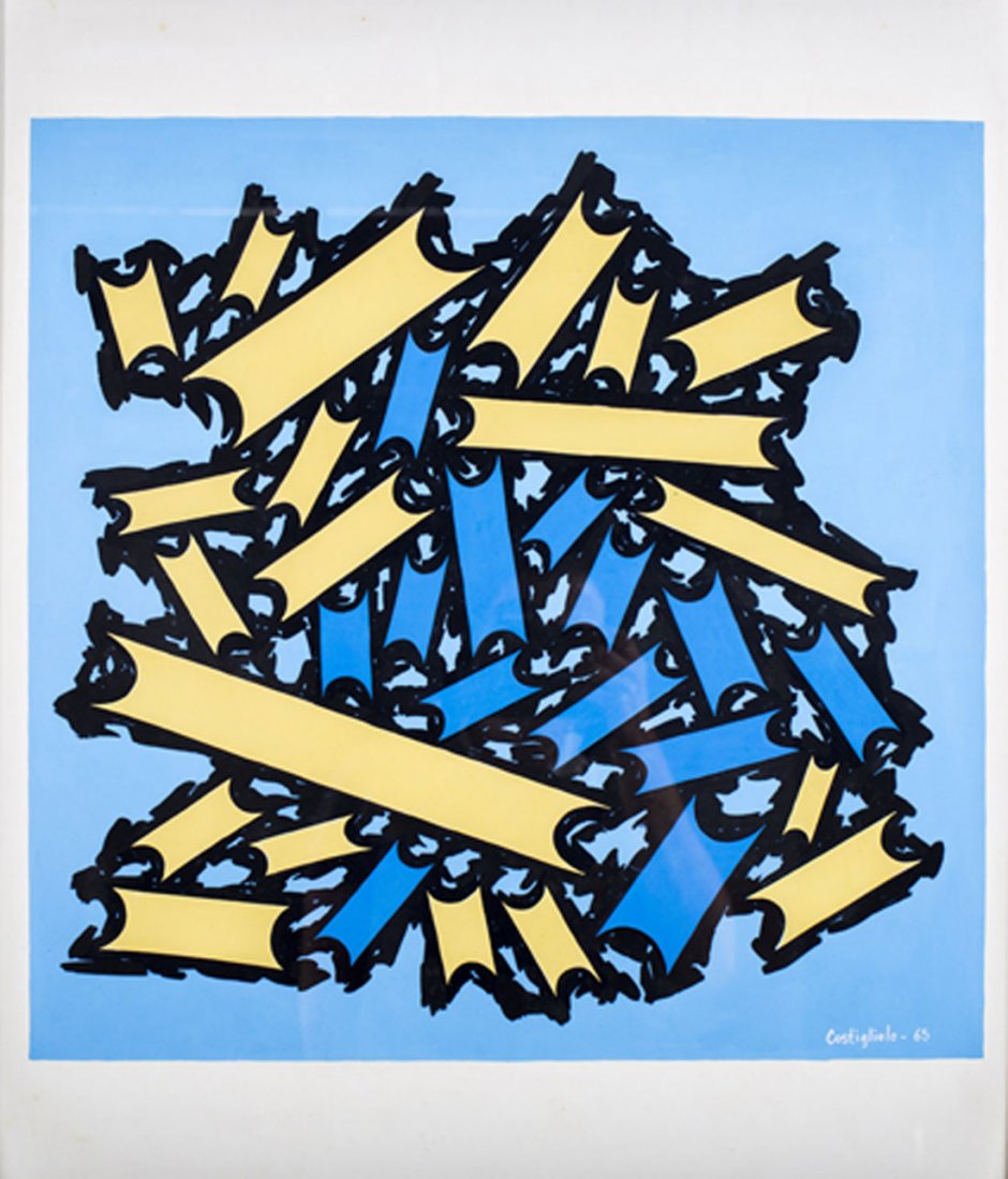 Jose Pedro COSTIGLIOLO (Uruguayan, 1902-1985): Jose Pedro COSTIGLIOLO (Uruguayan, 1902-1985) Formas Geomtricas en Amarillo y Celeste, 1965 Tempera on cardboard Signed dated lower right 23. x 19.5 in. - 58.5 x 49.5 cm.