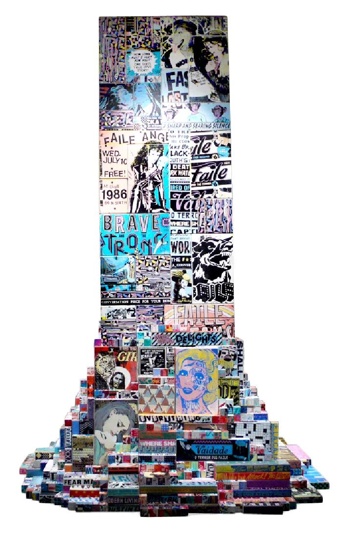 FAILE (American, born 1975 & 1976) : FAILE Tower, 2010 Acrylic and silkscreen ink on wood 135 x 90 x 90 in. - 342.9 x 228.6 x 228.6 cm. (Dimensions variable; buildable to 14-15 feet with base) Provenance: Perry�