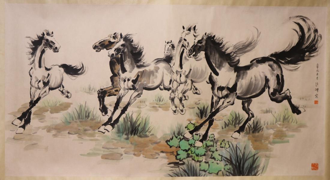 A LARGE PAPER PAINTING SCROLL BY XU, BEIHONG (1 of 7)