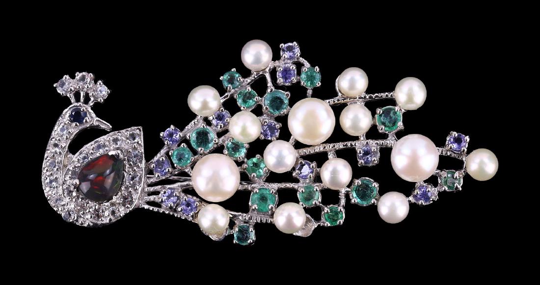 A FINE SAPPHIRE, EMERALD, & PEARL PEACOCK BROOCH, 14K (1 of 2)