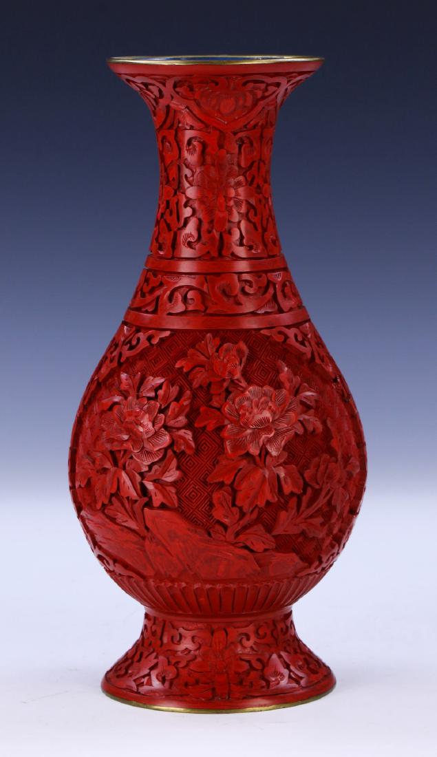 A CHINESE ANTIQUE RED CINNABAR LACQUER ON BRONZE VASE (1 of 6)