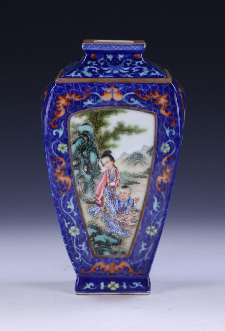 A CHINESE ANTIQUE FAMILLE ROSE PORCELAIN VASE: A Chinese Antique Famille Rose Porcelain Vase: Of Squared Shouldered Form, Body Finely Painted With Alternating Courtyard Scene And inscription Panels, Base And Neck Painted With Bats Amid Sprouting B