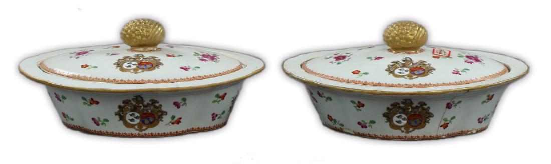 PAIR CHINESE ANTIQUE FAMILLE ROSE PORCELAIN LIDDED: Pair Chinese Antique Famille Rose Porcelain Lidded Bowls: Each Well Potted With Rounded Sides, Rising From Wide Bases To Domed Lids Topped With Rounded Gilt Finials, Bodies Finely Painted With Sprouti