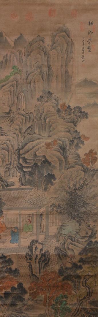 A CHINESE ANTIQUE PAPER HANGING PAINTING SCROLL: A Chinese Antique Paper Hanging Painting Scroll: Landscape, ink And Color On Paper, Sealed And inscribed By The Artist; Size: H: 56" x W: 18" (142.24cm x 45.72cm)