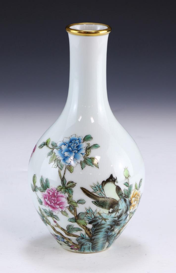 A CHINESE ANTIQUE GILT FALANGCAI PORCELAIN VASE: A Chinese Antique Gilt Falangcai Porcelain Vase: Of Ovoid Form, A Slim And Cylindrical Neck Rising To A Slightly Flared And Gilt Glazed Rim, Body Finely Enamelled With Two Birds Perched Near Blooming
