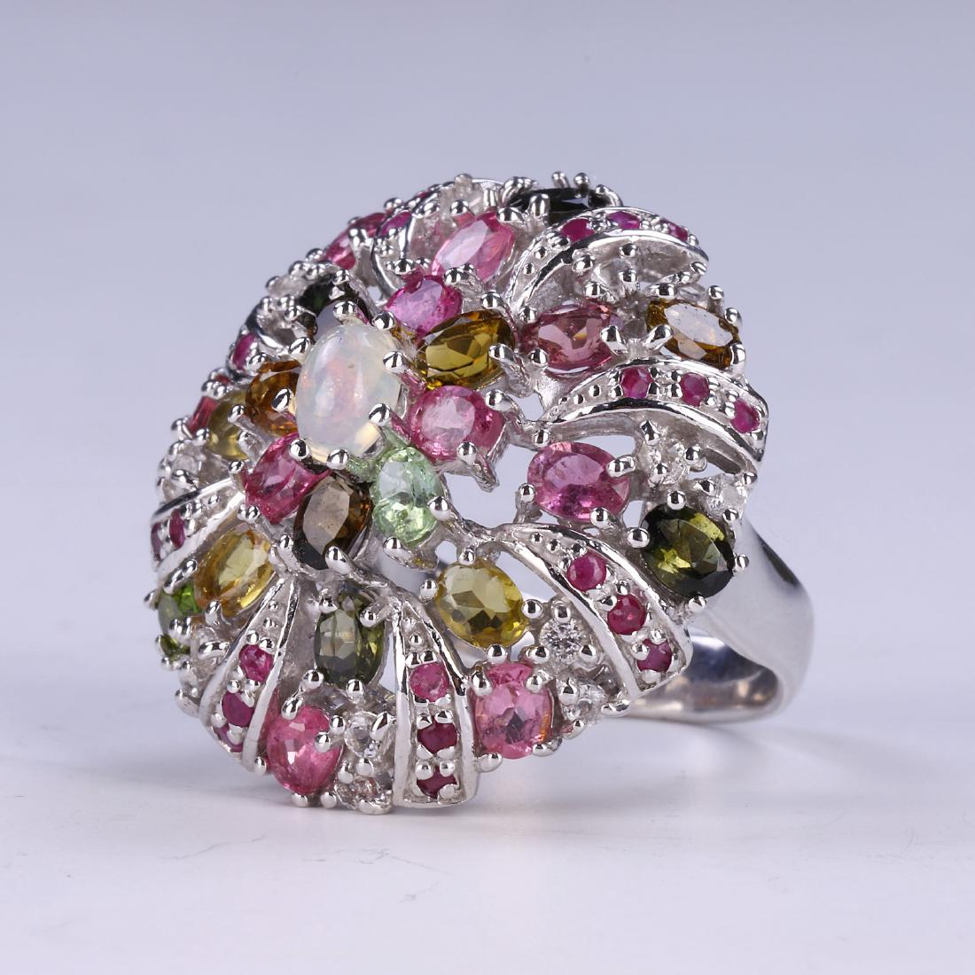 A FINE TOURMALINE, OPAL, & DIAMOND RING, 14K WHITE GOLD (1 of 3)
