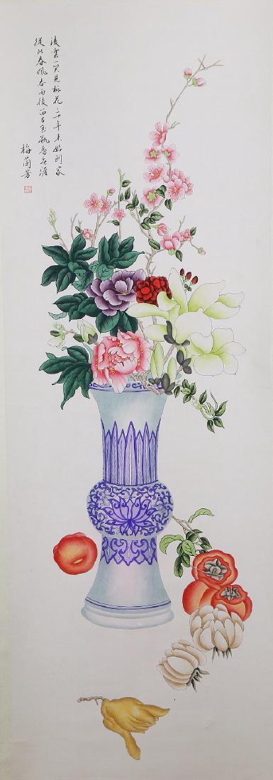 A CHINESE ANTIQUE PAPER PAINTING BY MEI LANFANG: A Chinese Antique Paper Painting By Mei Lanfang: Flower Bouquet in A Blue And White Porcelain Vase, ink And Color On Paper, Sealed And inscribed By The Artist; Size: H: 56" x W: 19" (142.24cm x 48.26c