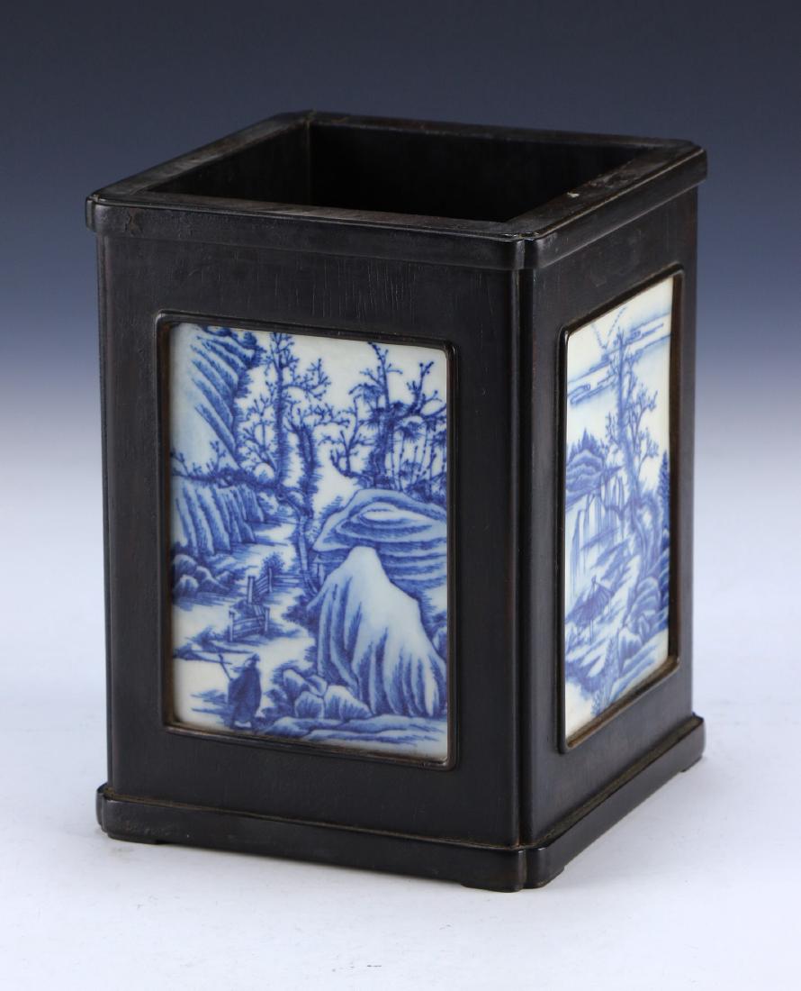 A CHINESE ANTIQUE ZITAN WOOD BLUE & WHITE PORCELAIN BRU (1 of 7)