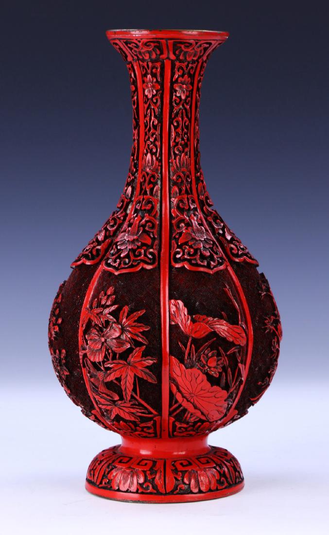 A CHINESE ANTIQUE RED CINNABAR LACQUER ON BRONZE VASE (1 of 5)