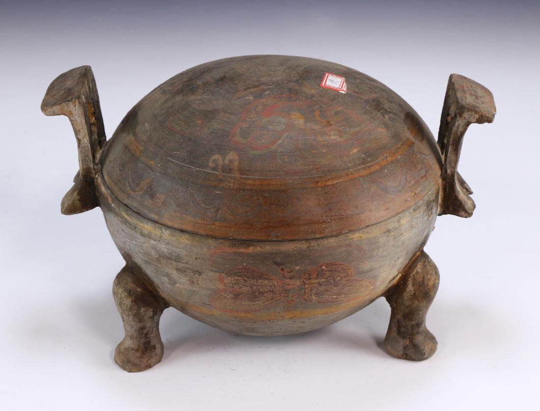 A CHINESE ANTIQUE POTTERY LIDDED TRIPOD CENSER (1 of 5)