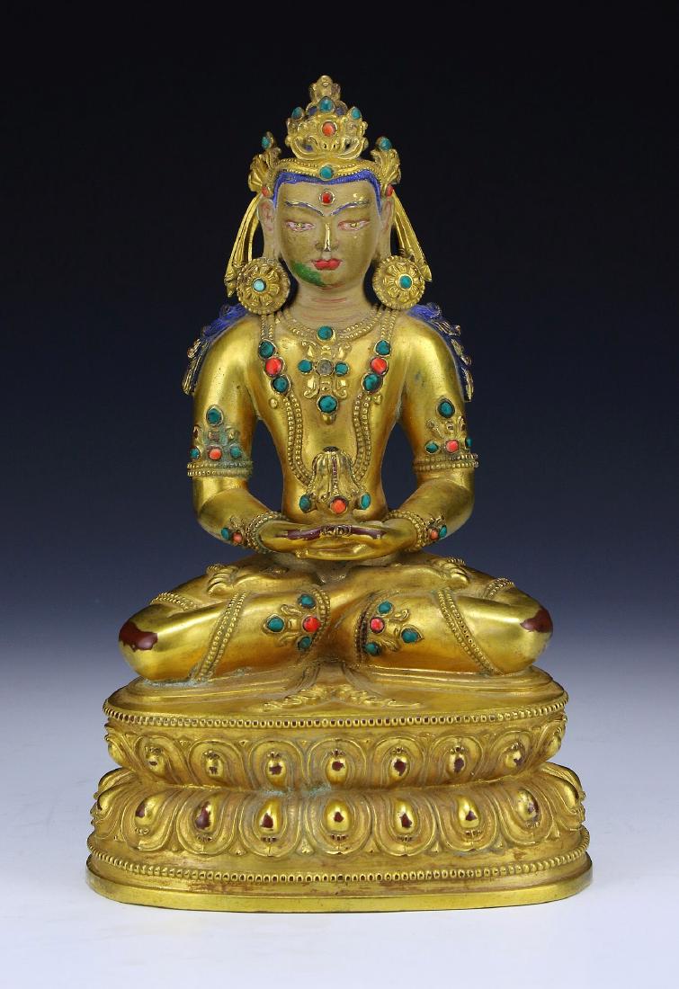 A CHINESE ANTIQUE JEWELED GILT BRONZE FIGURE OF: 銅鎏金嵌寶石無量壽佛A Chinese Antique Jeweled Gilt Bronze Figure Of Amitayus: Finely And Heavily Cast Seated in Dhyanasana On A Double-Lotus
