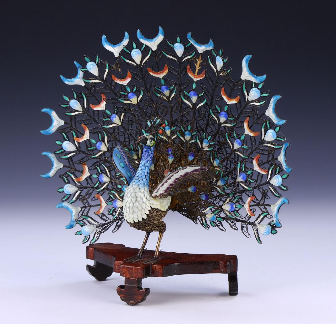A CHINESE ANTIQUE CLOISONNE ON SILVER FILIGREE PEACOCK (1 of 4)
