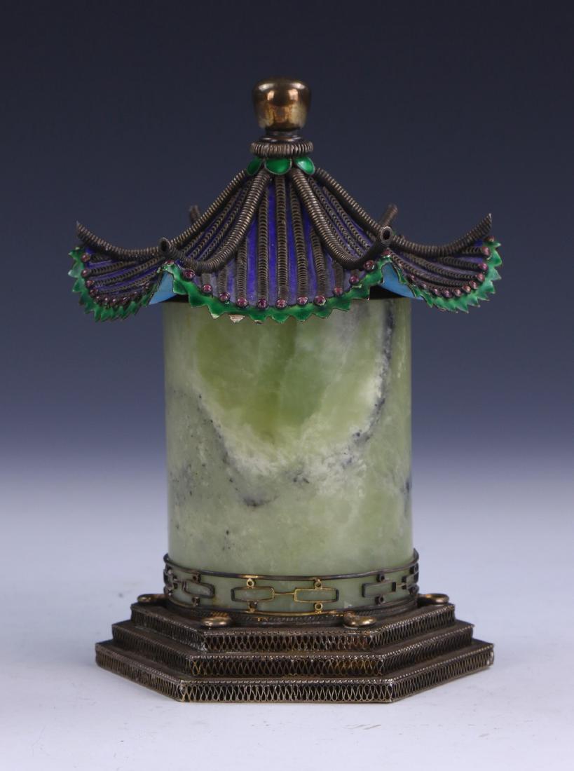 A CHINESE ANTIQUE SPINACH JADE CLOISONNE ON SILVER CENS (1 of 4)