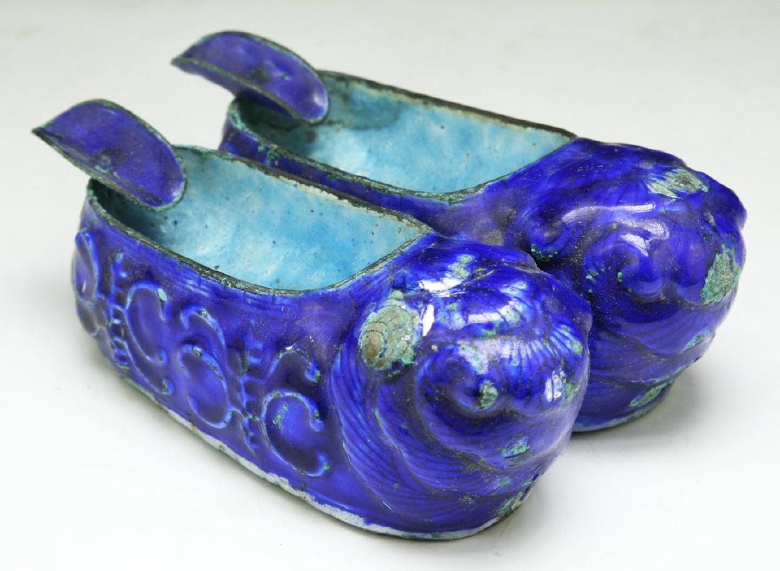 PAIR CHINESE ANTIQUE CLOISONNE ON SILVER SHOES: Pair Chinese Antique Cloisonne On Silver Shoes: Finely Molded As Two Shoes Together, The Exterior in A Royal Blue While The inside Has A Turquoise Glaze, Of 19Th Century; Size: L: 4-1/4" (10.8cm) [Eac