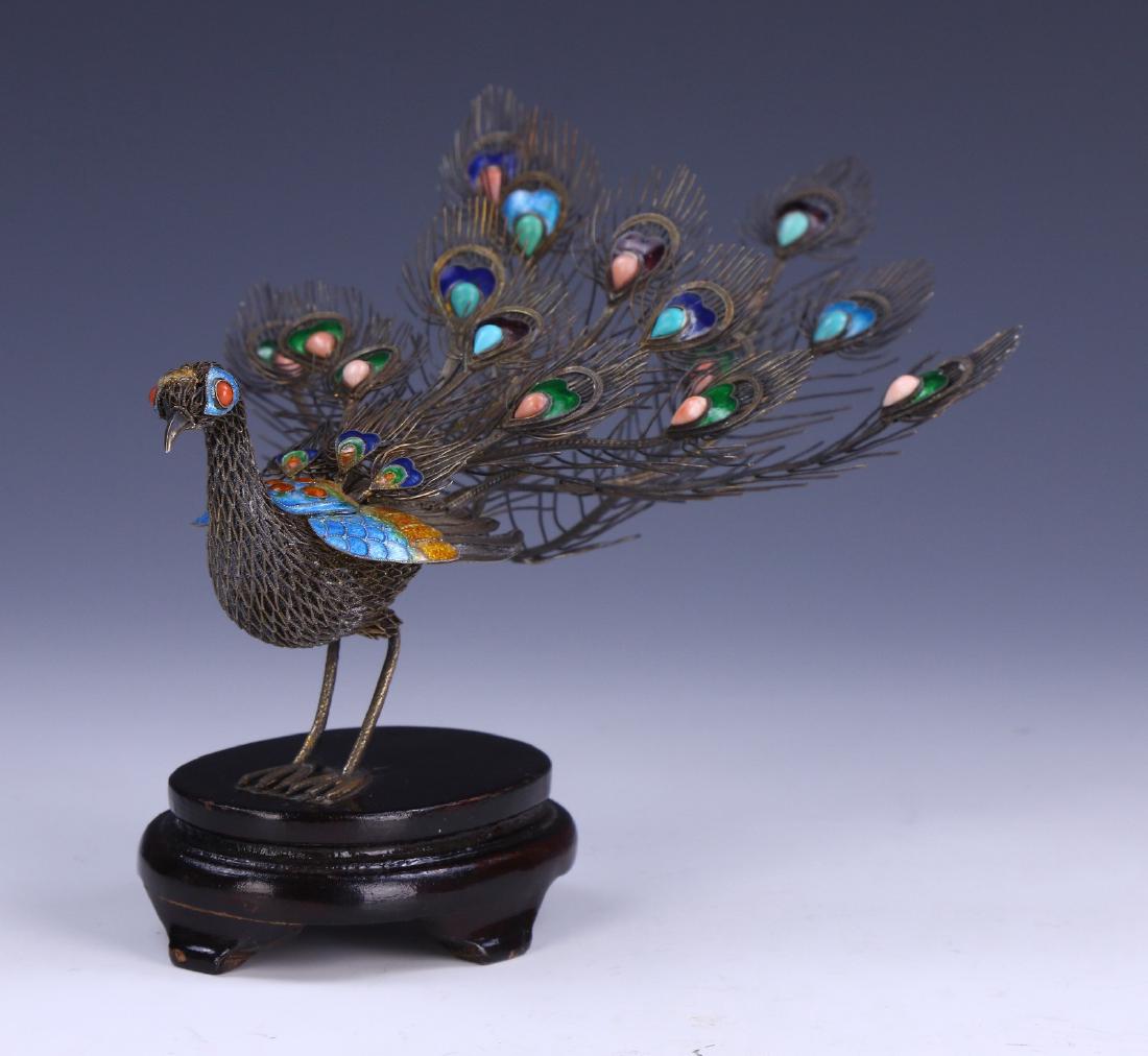 A CHINESE ANTIQUE CLOISONNE ON SILVER FILIGREE PEACOCK (1 of 6)