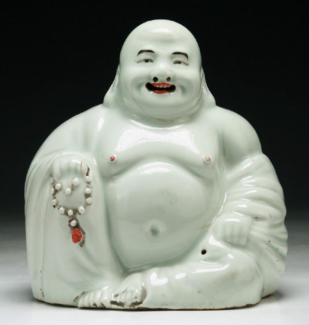 A CHINESE ANTIQUE FAMILLE ROSE PORCELAIN BUDDHA: A Chinese Antique Famille Rose Porcelain Buddha: Well Potted As Buddha in Seated Position, Circa 1900; Size: H: 8" (20.32cm)