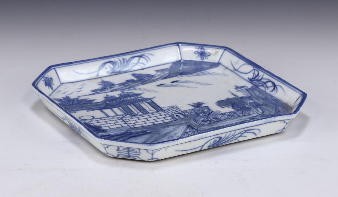 A CHINESE ANTIQUE BLUE & WHITE PORCELAIN PLATE: A Chinese Antique Blue & White Porcelain Plate: Of Octagonal Form, interior Base Finely Painted With An Overlooking Village Scene, Rising Sides Painted With Sprouting Blossoms And Plant Stalks; Size: