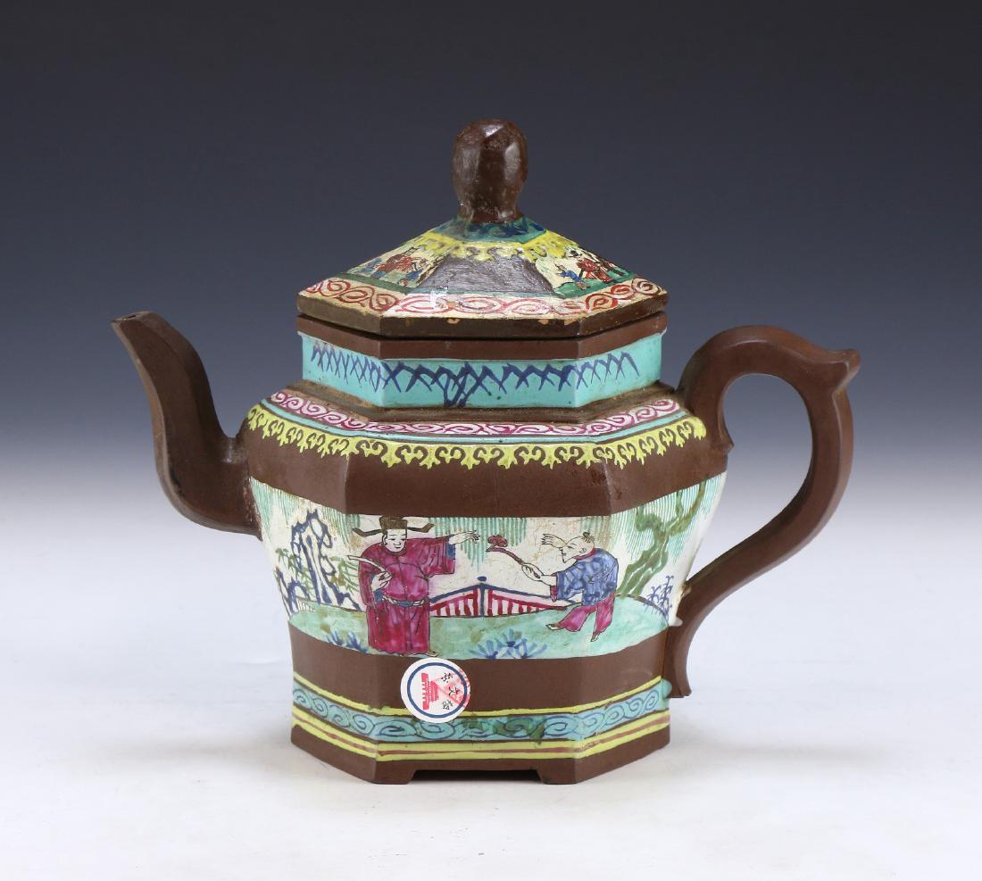 A CHINESE ANTIQUE YIXING POLYCHROME ZISHA TEAPOT (1 of 8)