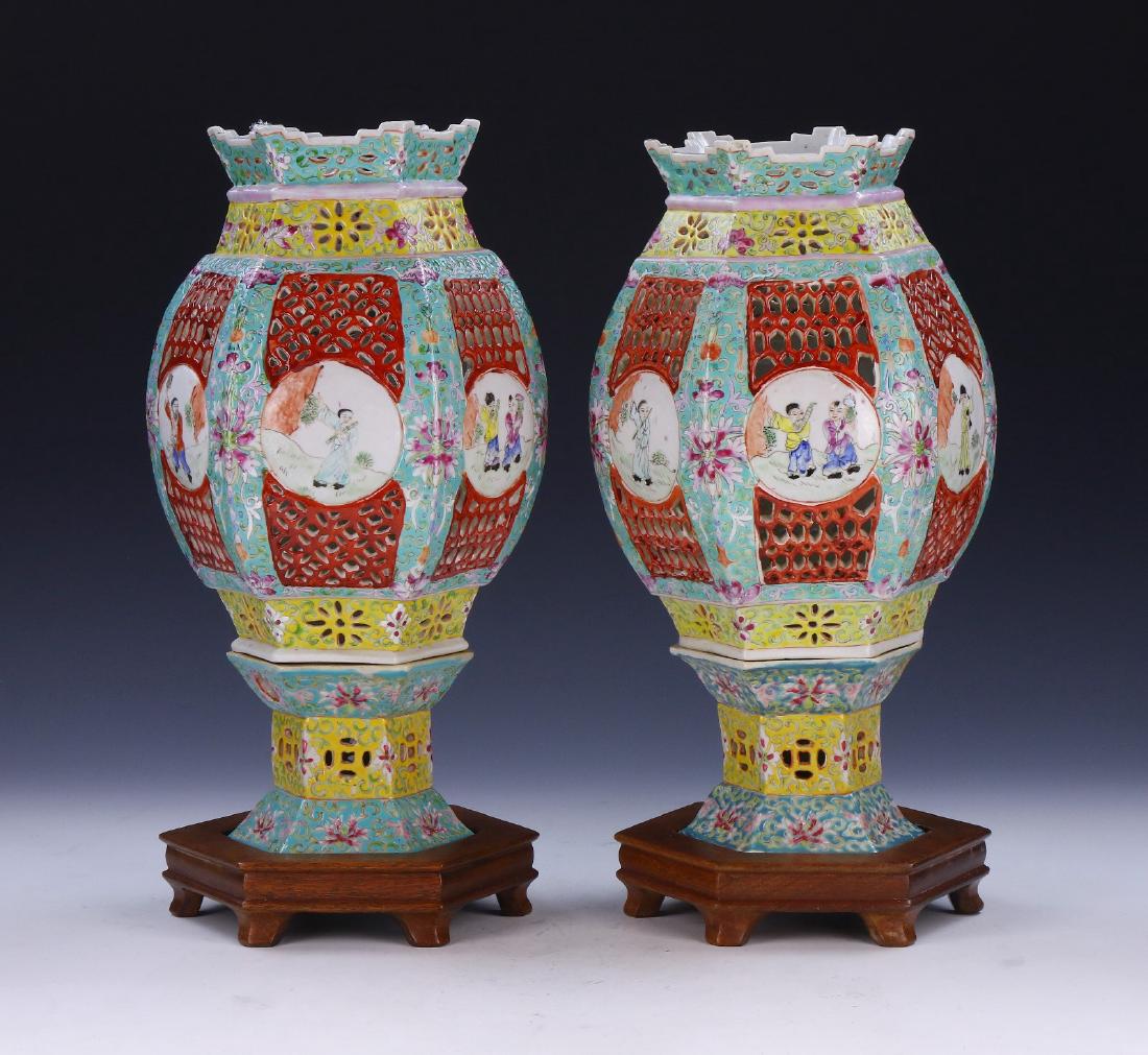 PAIR CHINESE ANTIQUE FAMILLE ROSE PORCELAIN LAMP SHADES (1 of 3)