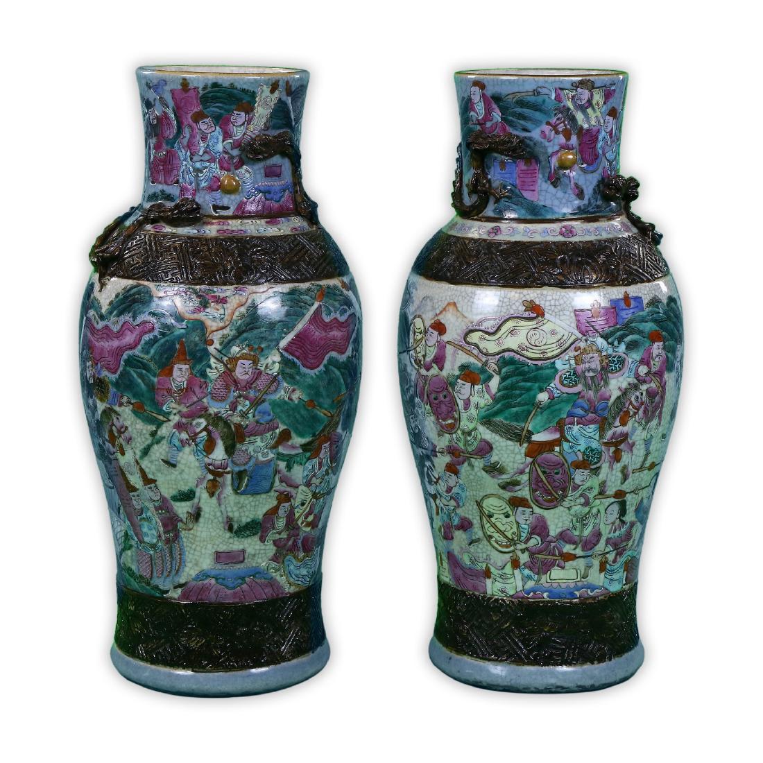 PAIR BIG CHINESE ANTIQUE FAMILLE ROSE GE GLAZED: Pair Big Chinese Antique Famille Rose Ge Glazed Porcelain Vases: Heavily Potted And Of Baluster Form, Rising From Splayed Bases To Wide Rims Flanked On Each Side By Swirling Chi Dragons Cast in High R