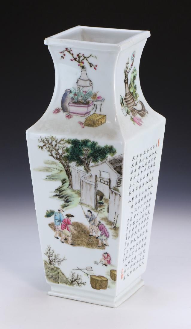 A BIG CHINESE ANTIQUE FAMILLE ROSE PORCELAIN VASE: A Big Chinese Antique Famille Rose Porcelain Vase: Of Squared Shouldered Form, One Side Of The Body Finely Painted With Figures Working Within A Yard, The Other Side With An inscription And Seal By Th