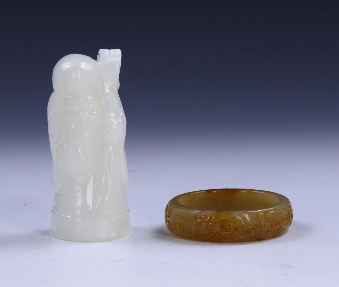 A CHINESE ANTIQUE STONE CARVED SHOUXING & BANGLE (1 of 5)