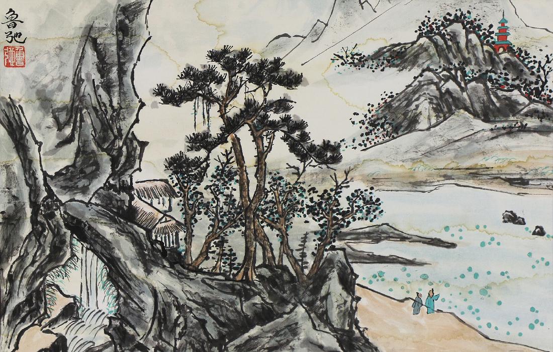 A CHINESE PAPER HANGING PAINTING SCROLL BY LU, CHI (1 of 3)