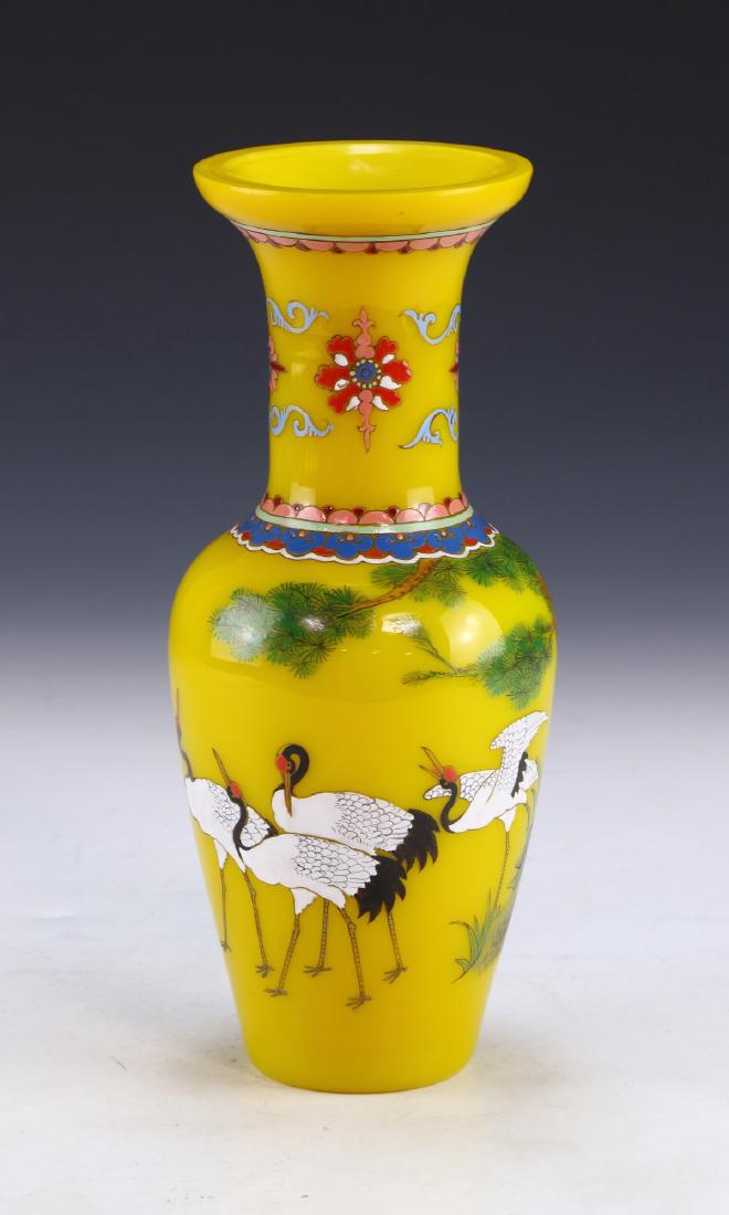 A CHINESE ANTIQUE YELLOW PEKING GLASS VASE: A Chinese Antique Yellow Peking Glass Vase: Of Shouldered Form, Body Finely Painted With Six Cranes Perched Within A Field Amid Rockery And Sprouting Pine Trees, Four Character Mark On The Base in Cob