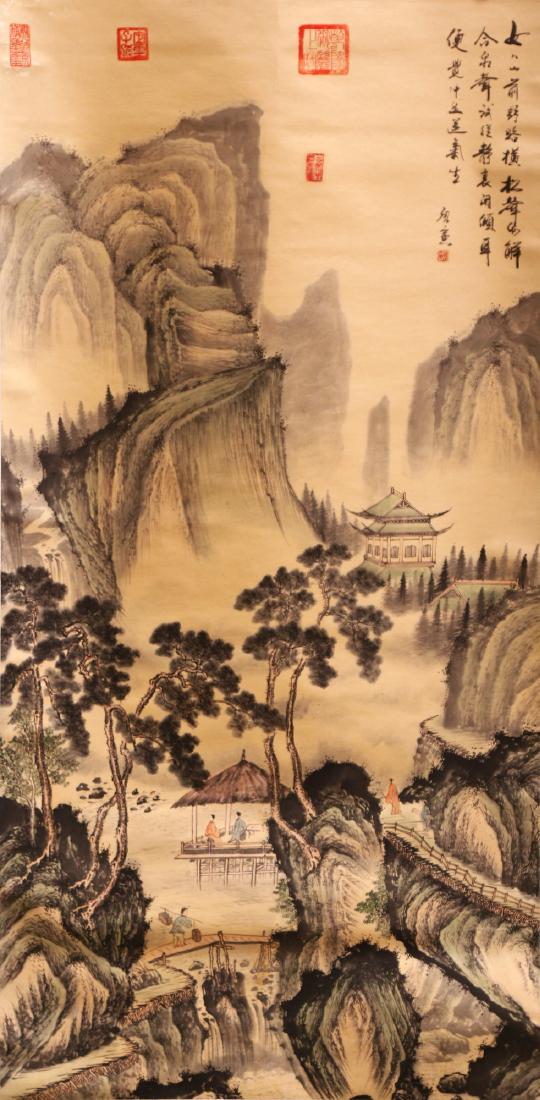 A CHINESE ANTIQUE PAPER PAINTING BY TANG, YIN: 唐寅：山水人物圖立軸 A CHINESE ANTIQUE PAPER PAINTING BY TANG, YIN: Mountain Landscape With A House Visible in A Valley Near A River, ink An