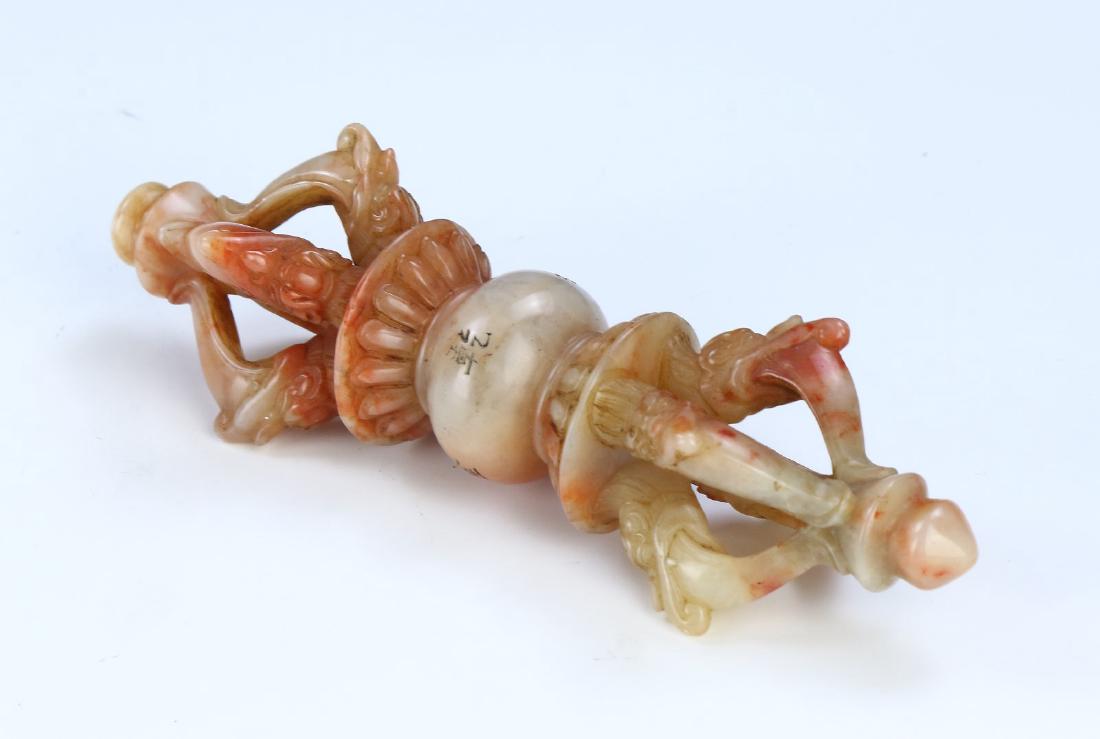 A TIBETAN CARVED SHOUSHAN SOAPSTONE DORJE: A Tibetan Carved Shoushan Soapstone Dorje: Finely Carved And Of Dorje Form, Each Side Of The Scepter Sculpted in Openwork With Fierce Dragons, With inscription Amid The Body, The Stone Of Pale Grey To