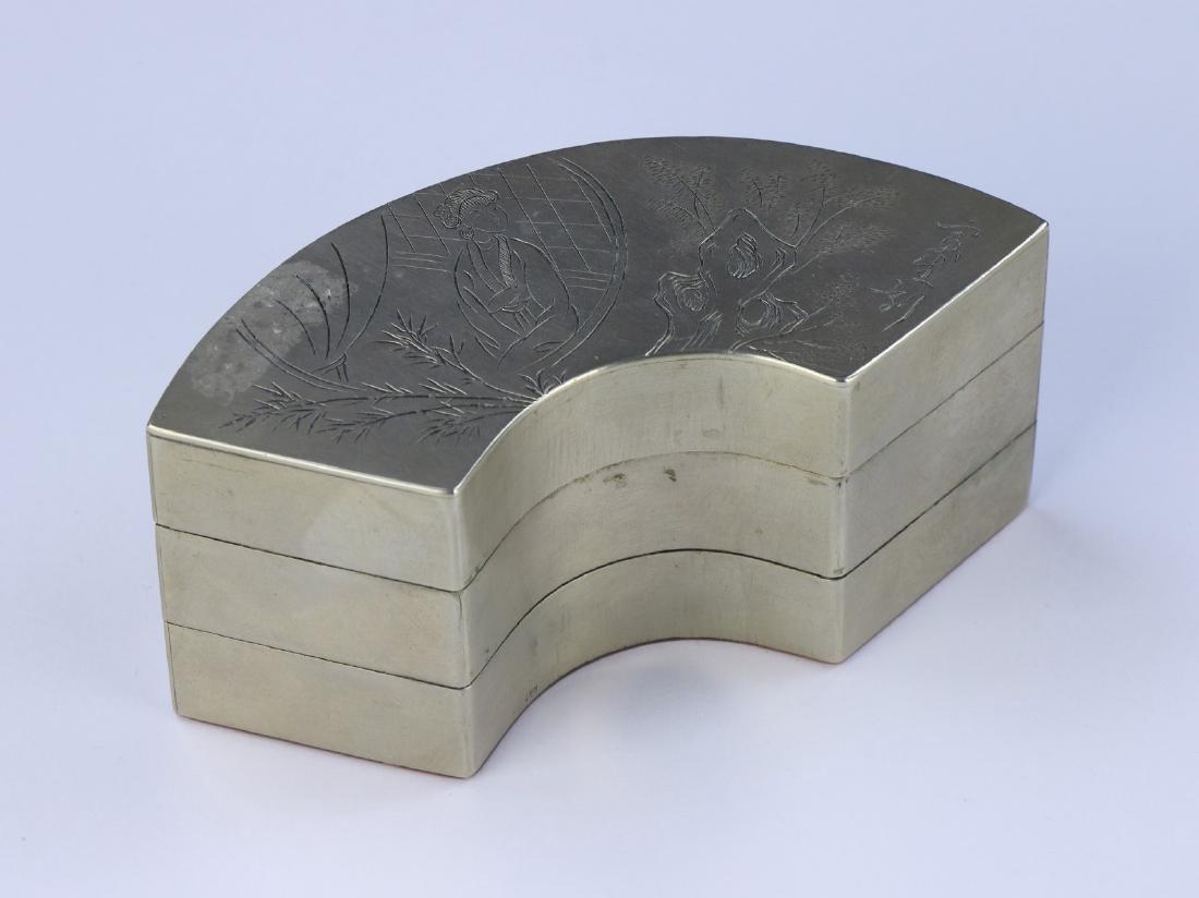 A CHINESE ANTIQUE WHITE BRASS TIERED TRINKET BOX (1 of 5)