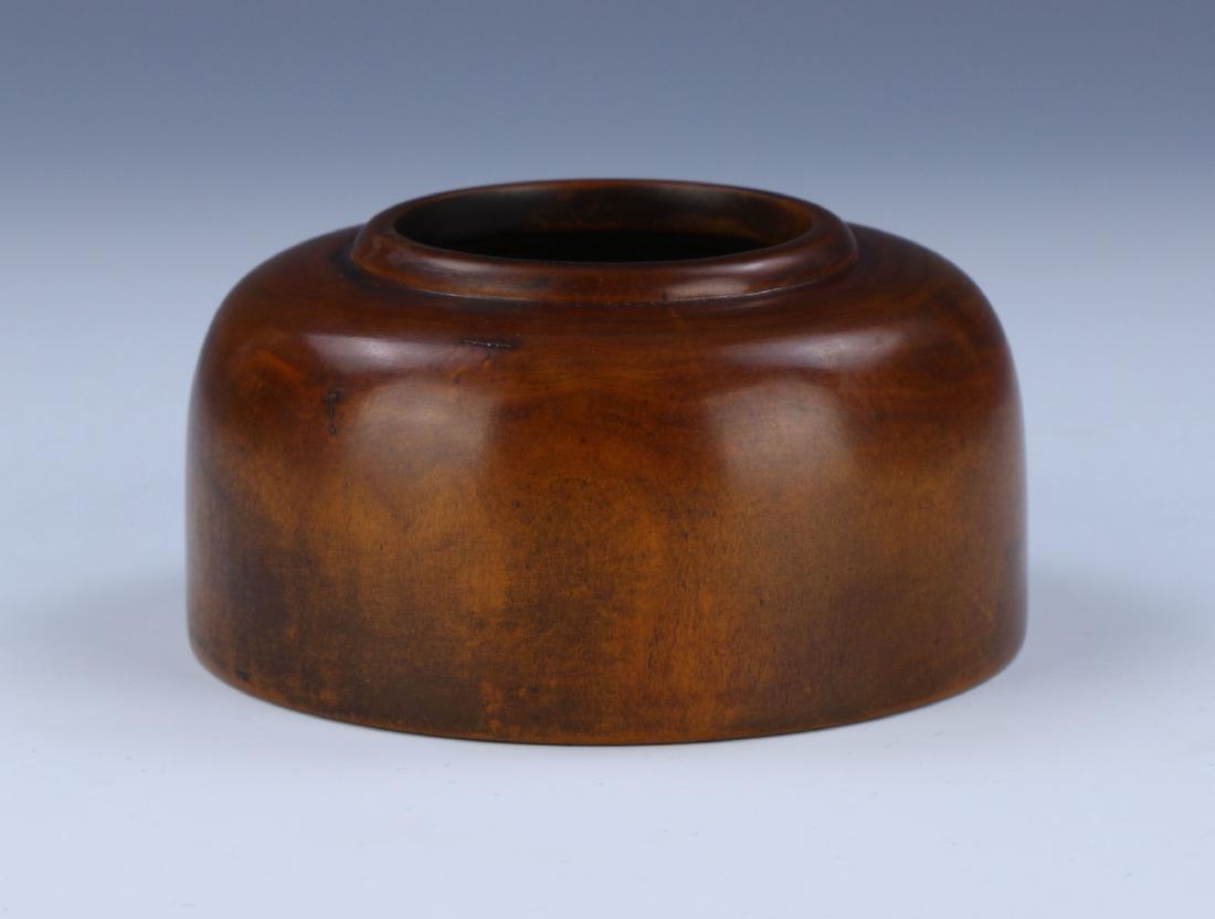 A CHINESE ANTIQUE BONE INLAID BOXWOOD WASHER: A Chinese Antique Bone inlaid Boxwood Washer: Finely Carved And Of Domed Form, The Boxwood Of Mottled Pale To Medium Brown Tones, Skillfully inlaid With inscribed Bone, Four Character Mark incised On