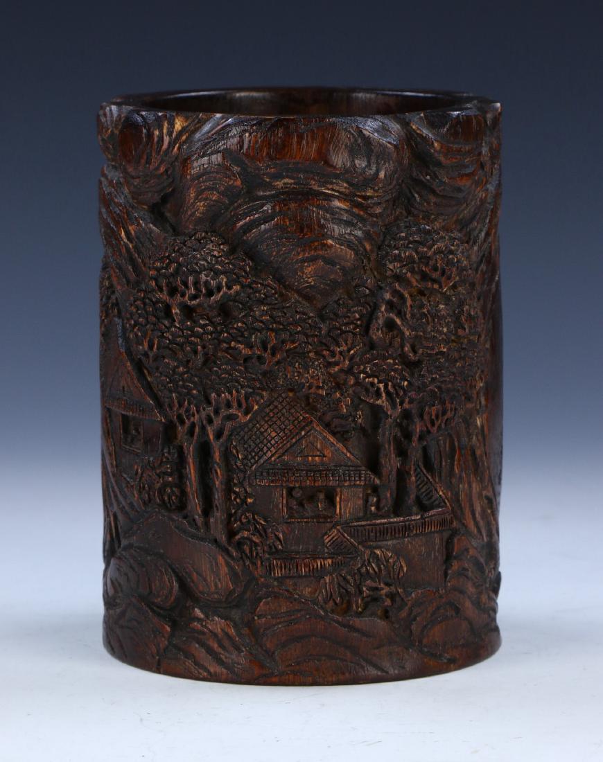 A CHINESE ANTIQUE AGARWOOD BRUSH POT (1 of 5)