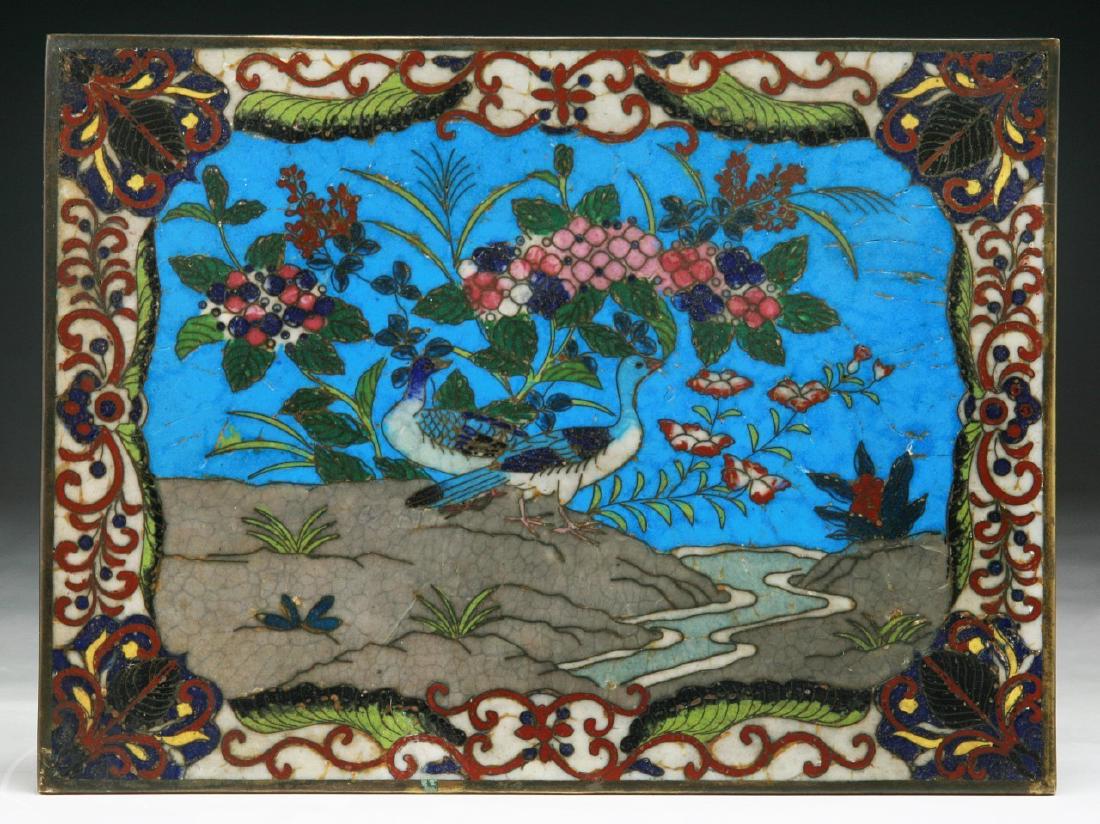 A JAPANESE ANTIQUE SILVER ANDO CLOISONNE PLAQUE: A Japanese Antique Silver Ando Cloisonne Plaque: Of Rectangular Form, One Side Finely Painted With Birds Amid Blooming Branches And Rockery; Size: L: 8" (20.32cm)