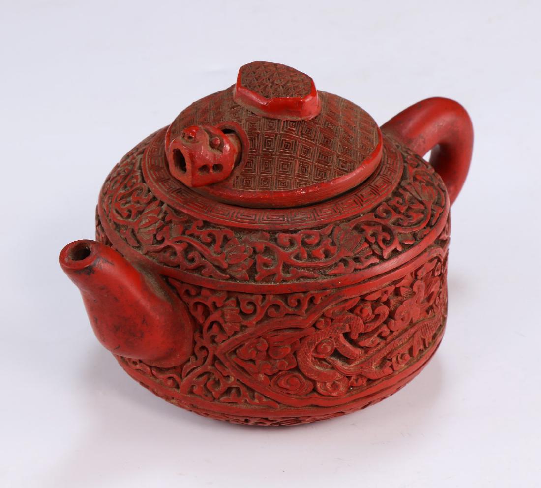 A Chinese Antique Red Cinnabar Lacquer Style Teapot (1 of 8)
