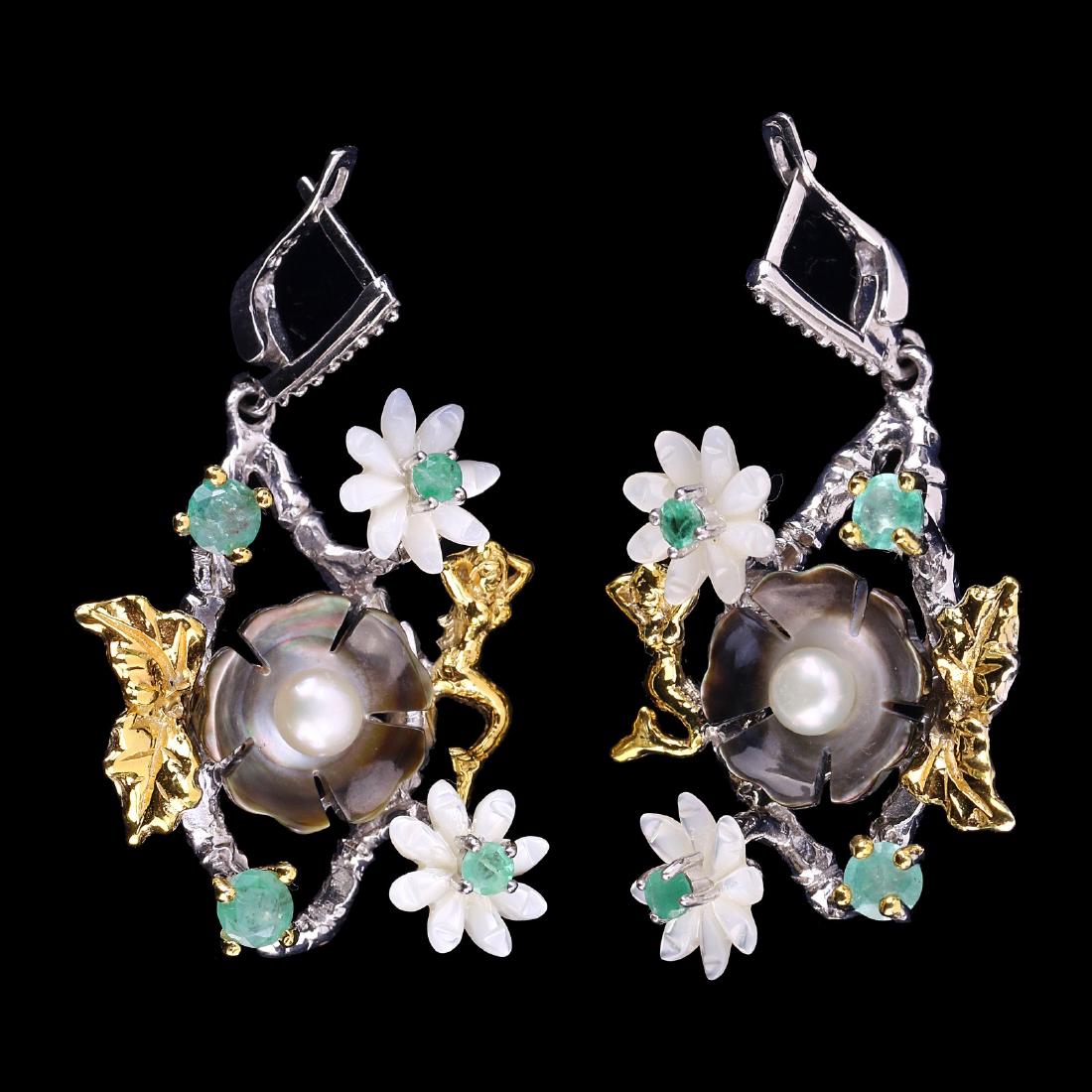 PAIR EMERALD & PEARL EARRINGS, 14K WHITE GOLD STERLING (1 of 2)