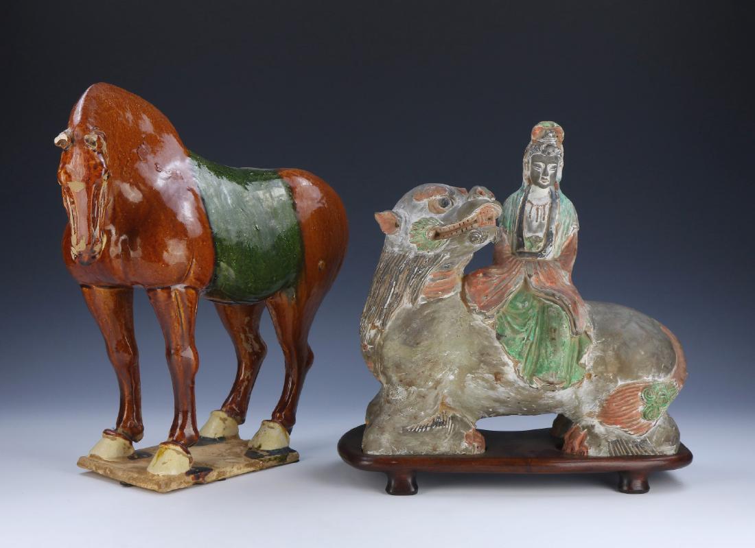 TWO (2) CHINESE MIXED POLYCHROME POTTERY FIGURES (1 of 3)
