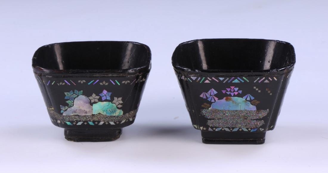 PAIR CHINESE ANTIQUE MOTHER OF PEARL INLAID LACQUER (1 of 4)