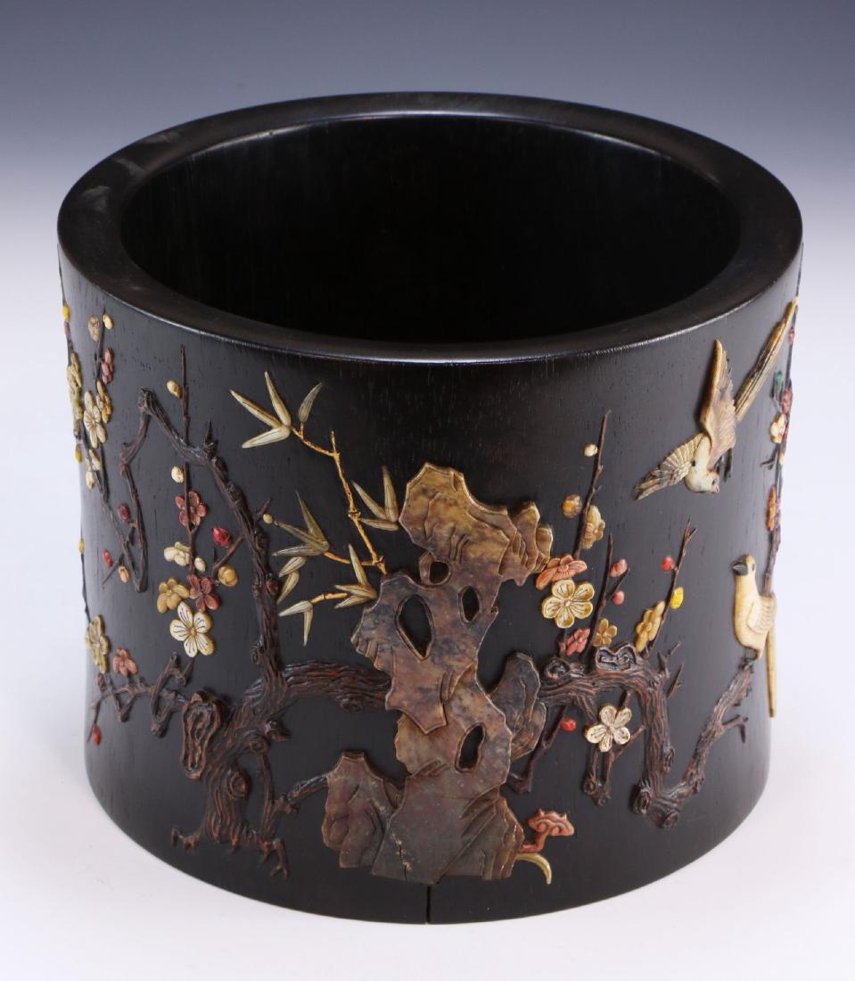 A CHINESE ANTIQUE ZITAN WOOD & STONE APPLIQUE BRUSH POT (1 of 5)