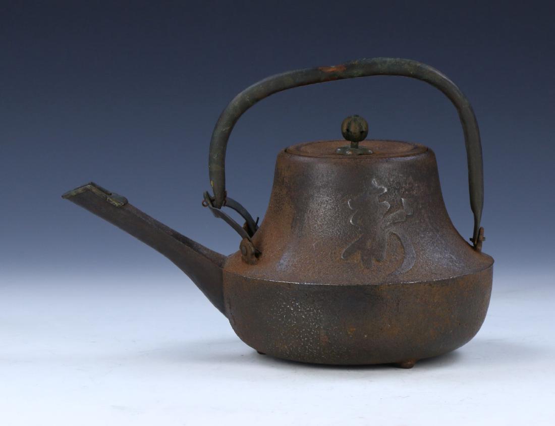 A JAPANESE ANTIQUE IRON TEAPOT: A Japanese Antique Iron Teapot: Finely Cast, Exterior Body Sculpted With Two Sprouting Plant Stalks Set in High Relief, Of 19Th Century; Size: L: 9" (22.86cm)