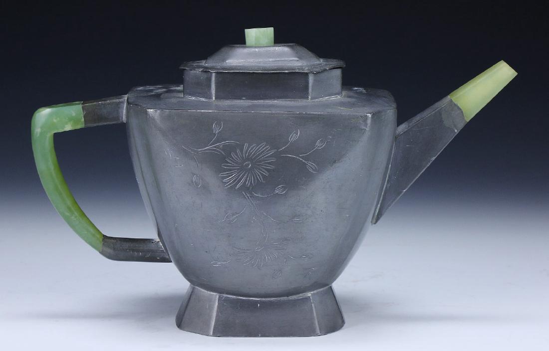 A CHINESE JADE & PEWTER ENCASED YIXING TEAPOT (1 of 5)